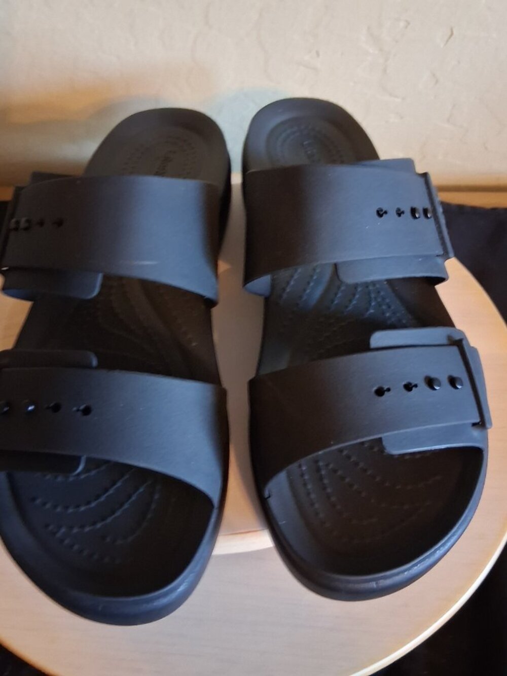Women's black Crocs. Brooklyn Buckle, low wedge. Sandals. Size 8.